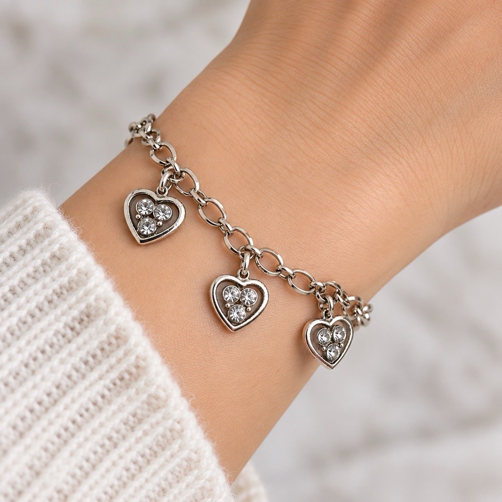 Silver Tone Triple Heart Rhinestone Charm Bracelet Y2K McBling Coquette Jewelry